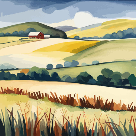 Farm on a hill with yellow or golden wheat field in a watercolor style, agriculture, cultivation, countryside, fieldのイラスト素材