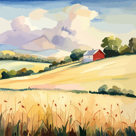 Farm on a hill with yellow or golden wheat field in a watercolor style, agriculture, cultivation, countryside, fieldのイラスト素材