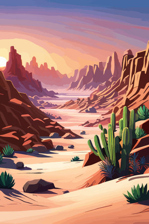 Desert background Summer with sun, sand, clouds, palms Trees Vector design style Nature Landscape.のイラスト素材