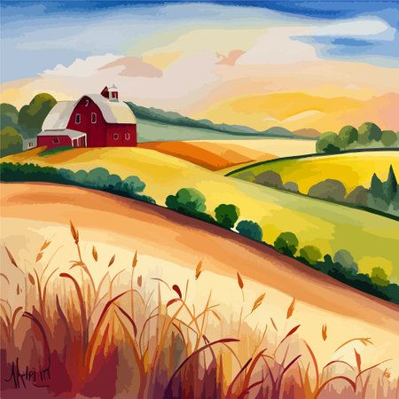 Farm on a hill with yellow or golden wheat field in a watercolor style, agriculture, cultivation, countryside, fieldのイラスト素材