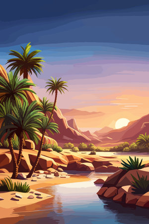 Desert background Summer with sun, sand, clouds, palms Trees Vector design style Nature Landscape.のイラスト素材
