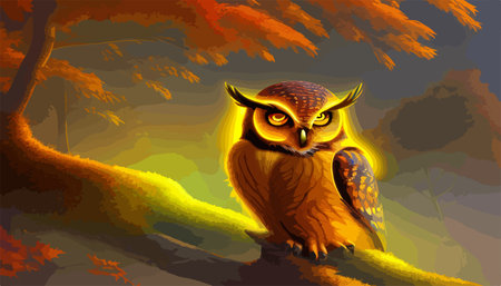 Owl. Realistic bird on dark moon forest background. Dark night background. autumn fairy tale art. Fashion templateのイラスト素材