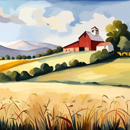 Farm on a hill with yellow or golden wheat field in a watercolor style, agriculture, cultivation, countryside, fieldのイラスト素材