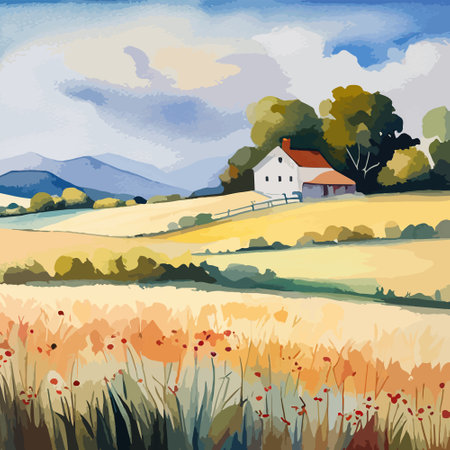 Farm on a hill with yellow or golden wheat field in a watercolor style, agriculture, cultivation, countryside, fieldのイラスト素材