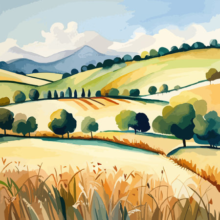 Farm on a hill with yellow or golden wheat field in a watercolor style, agriculture, cultivation, countryside, fieldのイラスト素材