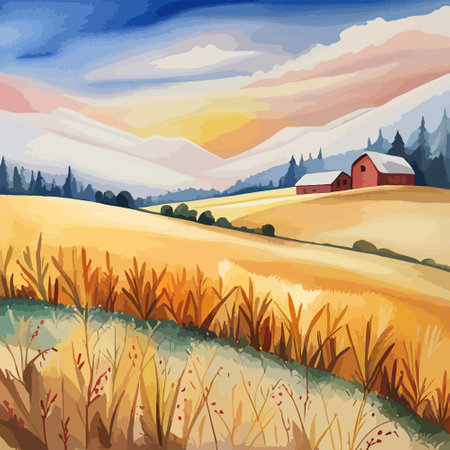 Farm on a hill with yellow or golden wheat field in a watercolor style, agriculture, cultivation, countryside, fieldのイラスト素材