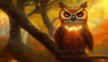 Owl. Realistic bird on dark moon forest background. Dark night background. autumn fairy tale art. Fashion templateのイラスト素材