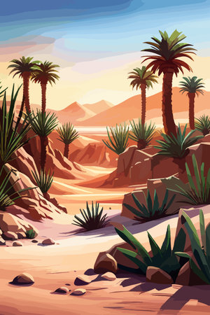 Desert background Summer with sun, sand, clouds, palms Trees Vector design style Nature Landscape.のイラスト素材