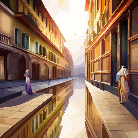 Old town street with water channel Stray vinice background, city landscape view, watercolor drawing, Vector illustration.のイラスト素材