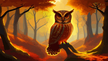 Owl. Realistic bird on dark moon forest background. Dark night background. autumn fairy tale art. Fashion templateのイラスト素材