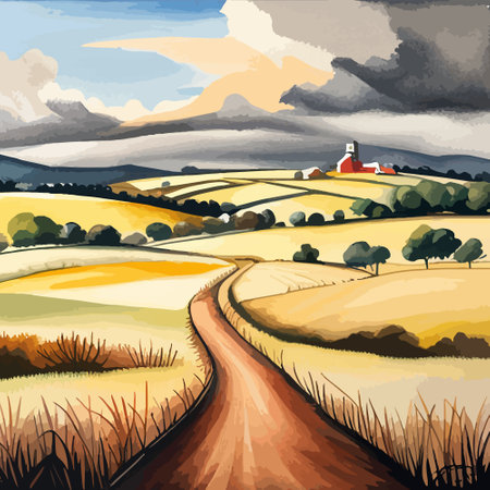 Farm on a hill with yellow or golden wheat field in a watercolor style, agriculture, cultivation, countryside, fieldのイラスト素材