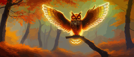 Owl. Realistic bird on dark moon forest background. Dark night background. autumn fairy tale art. Fashion templateのイラスト素材