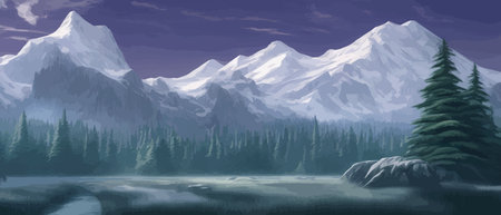 Landscape in scandinavian arctic forest, pine trees and snowy sunset, matte painting vector illustrationのイラスト素材