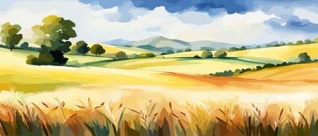 Farm on a hill with yellow or golden wheat field in a watercolor style, agriculture, cultivation, countryside, fieldのイラスト素材