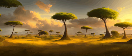 African rainforest. African jungle rainforest panorama with tropical vegetation, exotic fantasy landscape banner vectorのイラスト素材