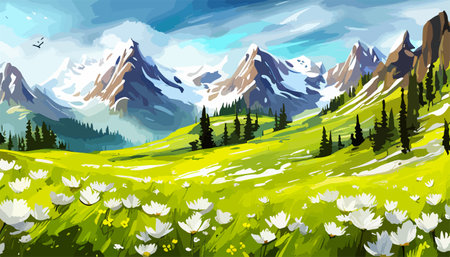 Beautiful fantasy landscape field full of spring, with color, background vector illustration. flowers against backdropのイラスト素材