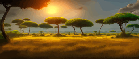 African rainforest. African jungle rainforest panorama with tropical vegetation, exotic fantasy landscape banner vectorのイラスト素材