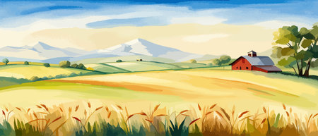 Farm on a hill with yellow or golden wheat field in a watercolor style, agriculture, cultivation, countryside, fieldのイラスト素材