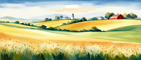 Farm on a hill with yellow or golden wheat field in a watercolor style, agriculture, cultivation, countryside, fieldのイラスト素材
