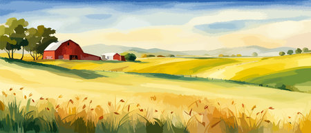 Farm on a hill with yellow or golden wheat field in a watercolor style, agriculture, cultivation, countryside, fieldのイラスト素材
