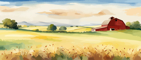Farm on a hill with yellow or golden wheat field in a watercolor style, agriculture, cultivation, countryside, fieldのイラスト素材
