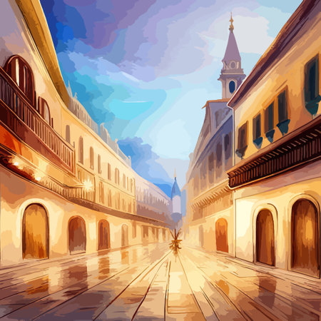 Old town street with water channel Stray vinice background, city landscape view, watercolor drawing, Vector illustration.のイラスト素材