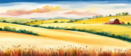 Farm on a hill with yellow or golden wheat field in a watercolor style, agriculture, cultivation, countryside, fieldのイラスト素材