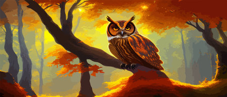 Owl. Realistic bird on dark moon forest background. Dark night background. autumn fairy tale art. Fashion templateのイラスト素材