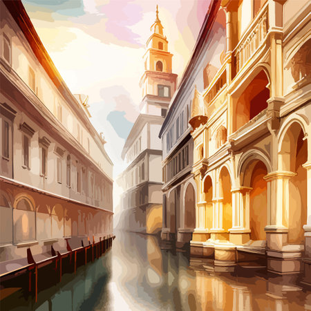 Old town street with water channel Stray vinice background, city landscape view, watercolor drawing, Vector illustration.のイラスト素材