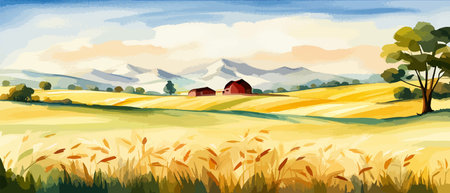 Farm on a hill with yellow or golden wheat field in a watercolor style, agriculture, cultivation, countryside, fieldのイラスト素材