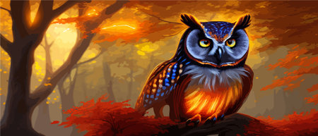 Owl. Realistic bird on dark moon forest background. Dark night background. autumn fairy tale art. Fashion templateのイラスト素材