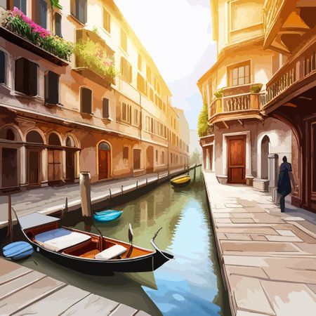 Old town street with water channel Stray vinice background, city landscape view, watercolor drawing, Vector illustration.のイラスト素材