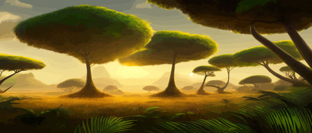 African rainforest. African jungle rainforest panorama with tropical vegetation, exotic fantasy landscape banner vectorのイラスト素材