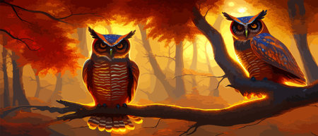 Owl. Realistic bird on dark moon forest background. Dark night background. autumn fairy tale art. Fashion templateのイラスト素材