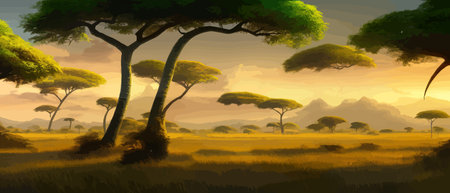 African rainforest. African jungle rainforest panorama with tropical vegetation, exotic fantasy landscape banner vectorのイラスト素材
