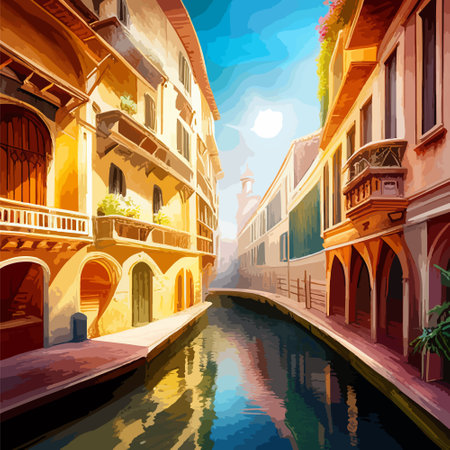 Old town street with water channel Stray vinice background, city landscape view, watercolor drawing, Vector illustration.のイラスト素材