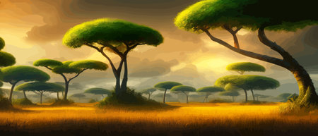 African rainforest. African jungle rainforest panorama with tropical vegetation, exotic fantasy landscape banner vectorのイラスト素材