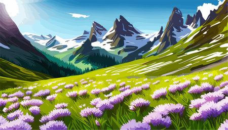 Beautiful fantasy landscape field full of spring, with color, background vector illustration. flowers against backdropのイラスト素材