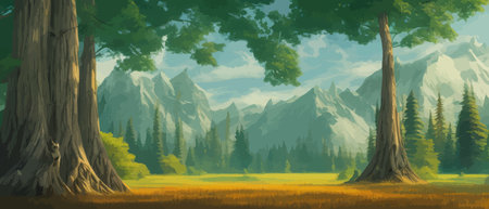 Landscape in scandinavian arctic forest, pine trees and snowy sunset, matte painting vector illustrationのイラスト素材