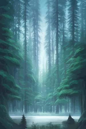 Landscape in scandinavian arctic forest, pine trees and snowy sunset, matte painting vector illustrationのイラスト素材