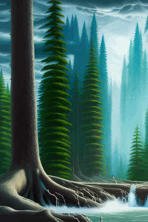 Landscape in scandinavian arctic forest, pine trees and snowy sunset, matte painting vector illustrationのイラスト素材