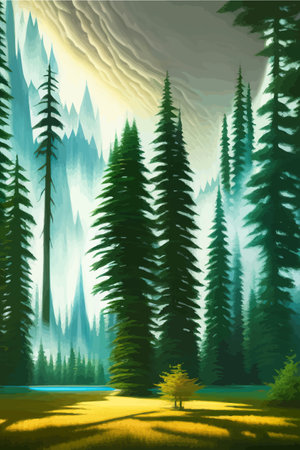 Landscape in scandinavian arctic forest, pine trees and snowy sunset, matte painting vector illustrationのイラスト素材