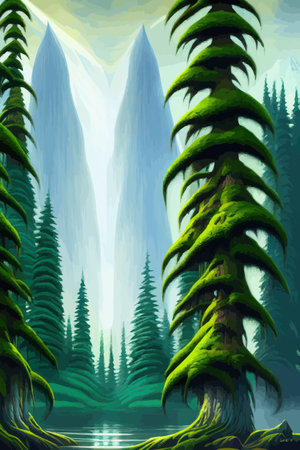 Landscape in scandinavian arctic forest, pine trees and snowy sunset, matte painting vector illustrationのイラスト素材