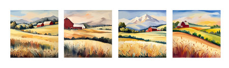 Farm on a hill with yellow or golden wheat field in a watercolor style, agriculture, cultivation, countryside, fieldのイラスト素材