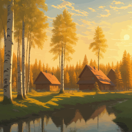 Vector illustration Autumn landscape golden alley park of birches near a pond , contemporary art impressionism abstractのイラスト素材