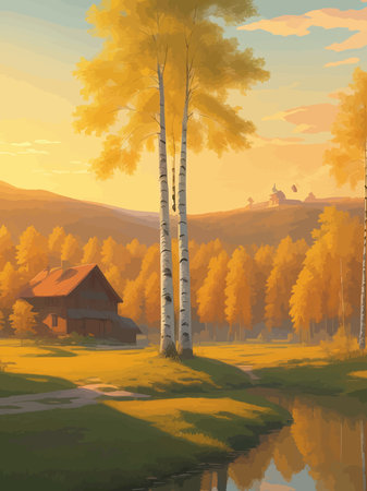 Vector illustration Autumn landscape golden alley park -modern art impressionism abstract landscape, Russian ruralのイラスト素材