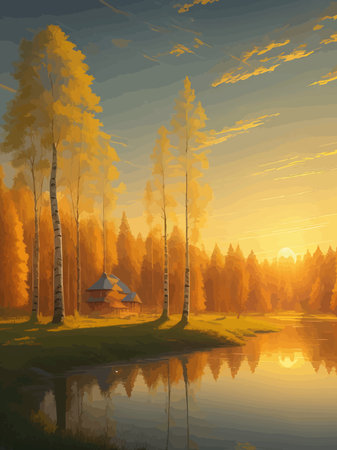Vector illustration Autumn landscape golden alley park of birches near a pond , contemporary art impressionism abstractのイラスト素材
