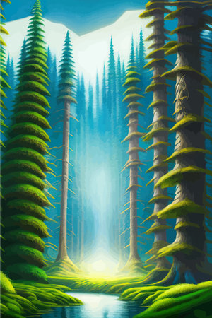 Landscape in scandinavian arctic forest, pine trees and snowy sunset, matte painting vector illustrationのイラスト素材