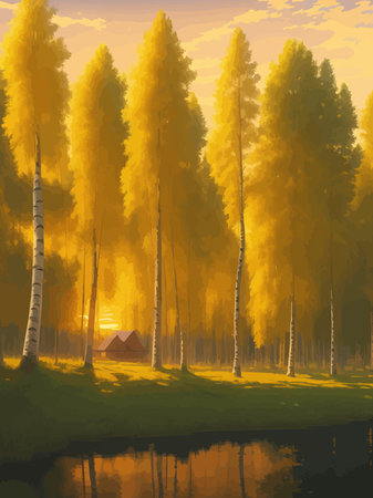 Vector illustration Autumn landscape golden alley park -modern art impressionism abstract landscape, Russian ruralのイラスト素材