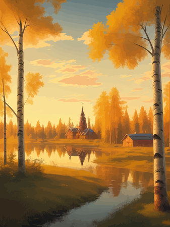 Vector illustration Autumn landscape golden alley park of birches near a pond , contemporary art impressionism abstractのイラスト素材